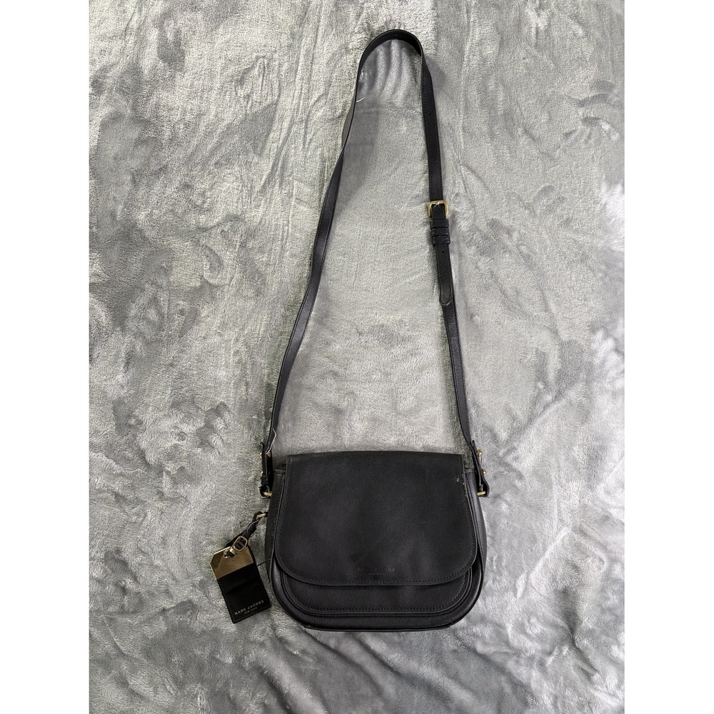 Marc Jacobs Gotham Saddle Bag Black Pebbled Leather Crossbody Handbag Gold Tone